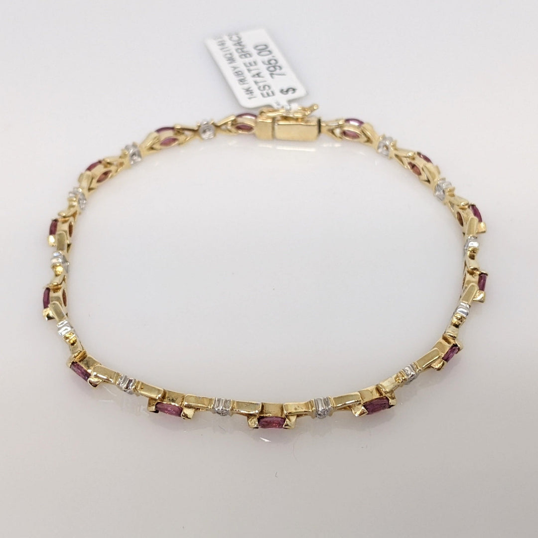 14K RUBY MARQUISE (14) 2.5X5 WITH (14) MELEE ESTATE BRACELET 7.1 GRAMS