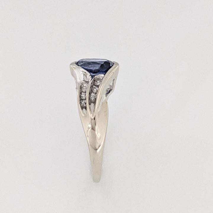 10K WHITE LAB-CREATED SAPPHIRE OXAL 6X8 WITH (12) MELEE ESTATE RING 3.6 GRAMS