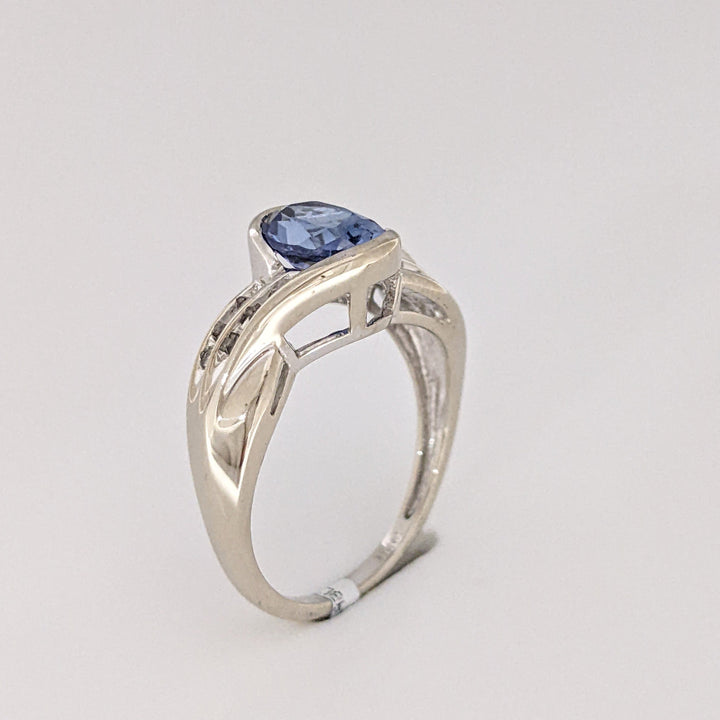 10K WHITE LAB-CREATED SAPPHIRE OXAL 6X8 WITH (12) MELEE ESTATE RING 3.6 GRAMS