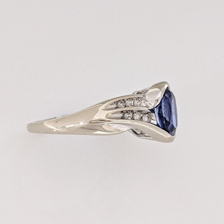 10K WHITE LAB-CREATED SAPPHIRE OXAL 6X8 WITH (12) MELEE ESTATE RING 3.6 GRAMS