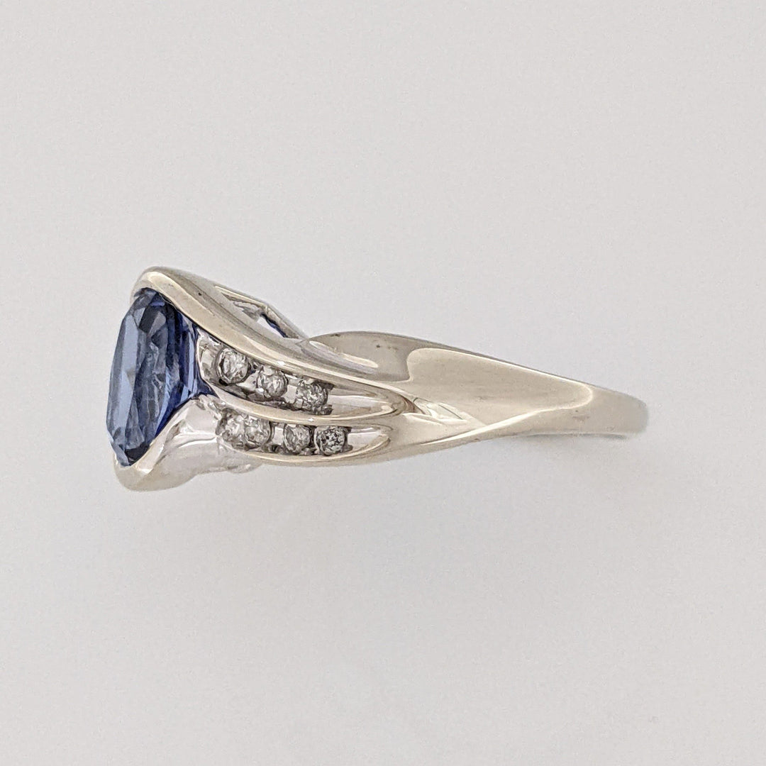 10K WHITE LAB-CREATED SAPPHIRE OXAL 6X8 WITH (12) MELEE ESTATE RING 3.6 GRAMS