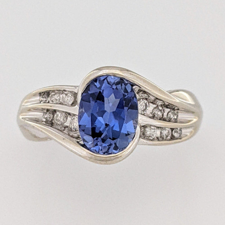 10K WHITE LAB-CREATED SAPPHIRE OXAL 6X8 WITH (12) MELEE ESTATE RING 3.6 GRAMS