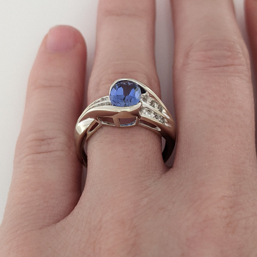 10K WHITE LAB-CREATED SAPPHIRE OXAL 6X8 WITH (12) MELEE ESTATE RING 3.6 GRAMS