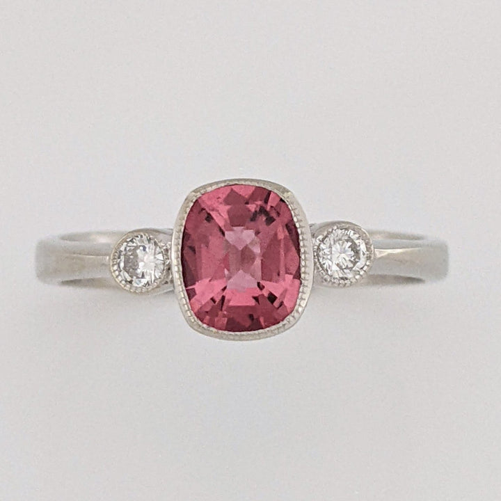 14K WHITE PINK TOURMALINE CUSHION CUT 5X7 BEZEL WITH (2) MELEE ESTATE RING 3.4 GRAMS