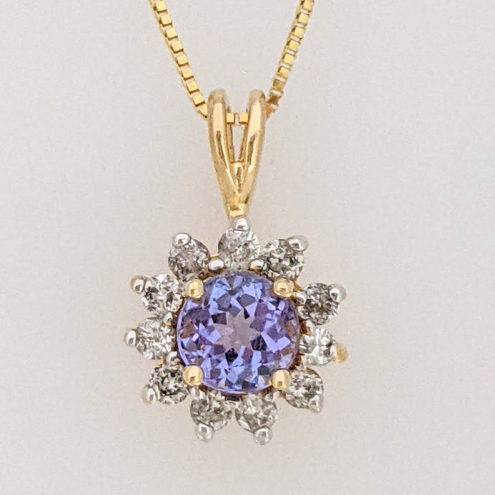 14K TANZANITE ROUND 5MM WITH .16DTW (11) ESTATE PENDANT & CHAIN 2.3 GRAMS