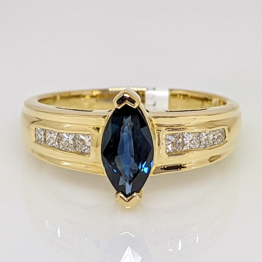 18K SAPPHIRE MARQUISE 4X6 WITH .28 DIAMOND TOTAL WEIGHT (8) PRINCESS CUT ESTATE RING 4.9 GRAMS