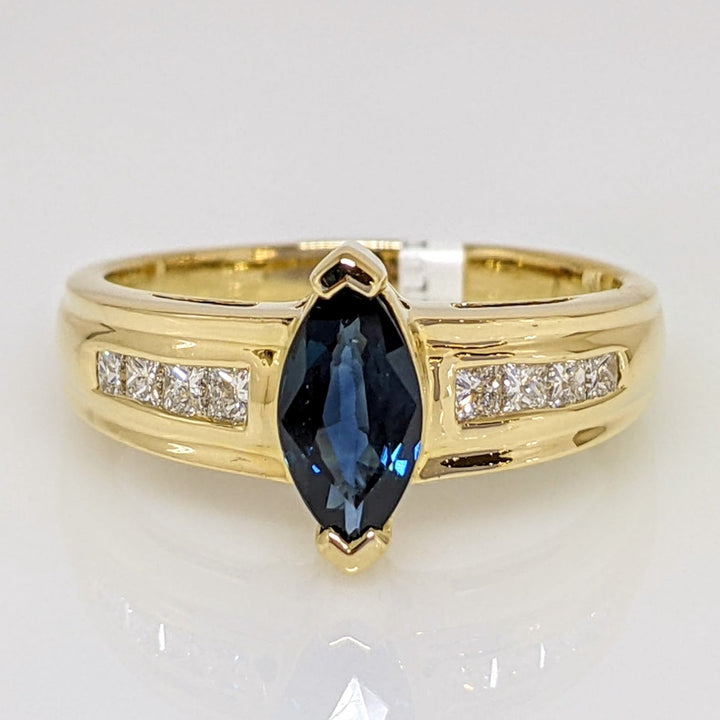 18K SAPPHIRE MARQUISE 4X6 WITH .28 DIAMOND TOTAL WEIGHT (8) PRINCESS CUT ESTATE RING 4.9 GRAMS