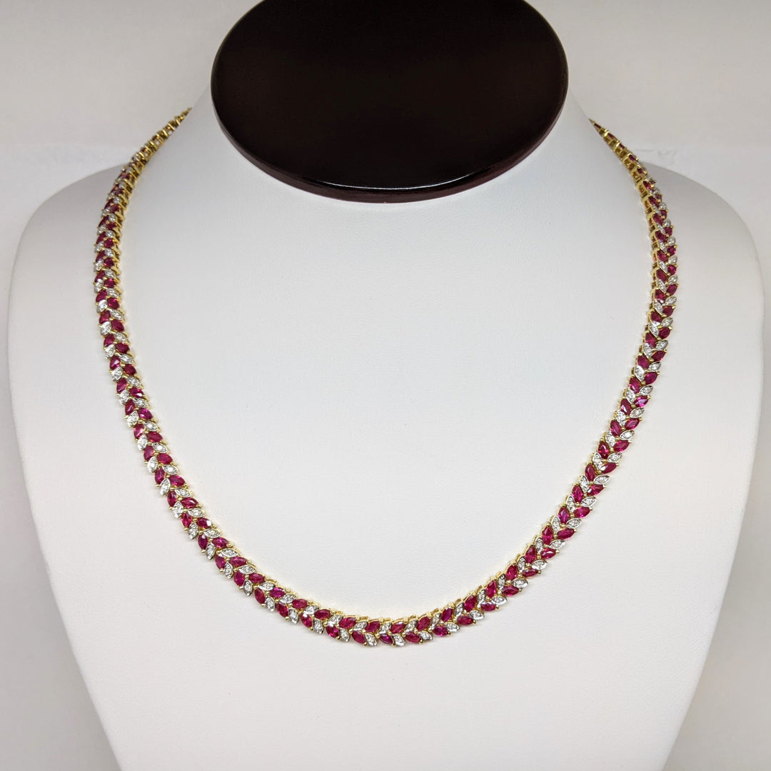 18K SYNTHETIC RUBY MARQUISE 2X3.7 (168) WITH .48 DIAMOND TOTAL WEIGHT ESTATE NECKLACE 37.8 GRAMS