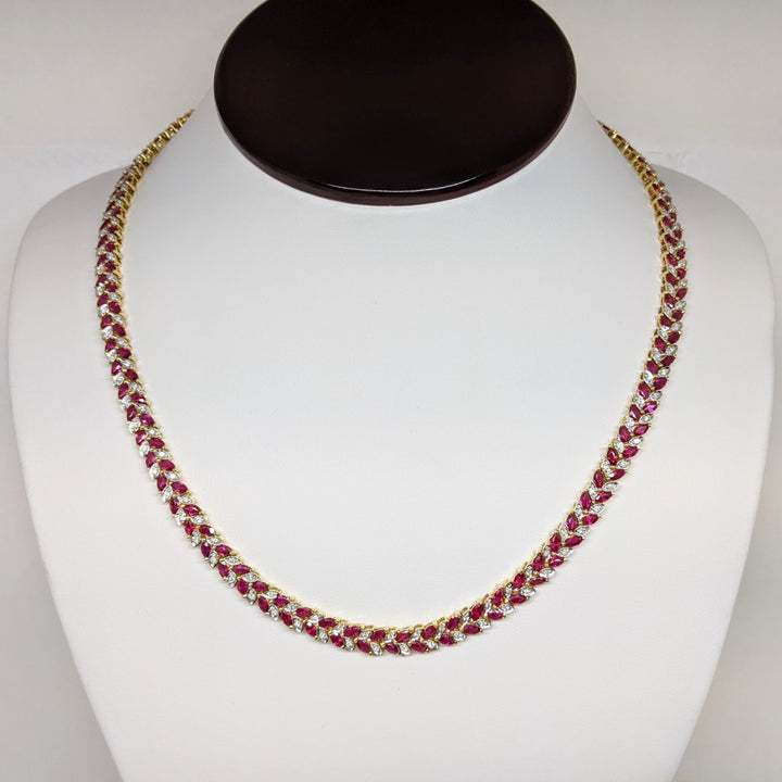 18K SYNTHETIC RUBY MARQUISE 2X3.7 (168) WITH .48DTW ESTATE NECKLACE 37.8 GRAMS