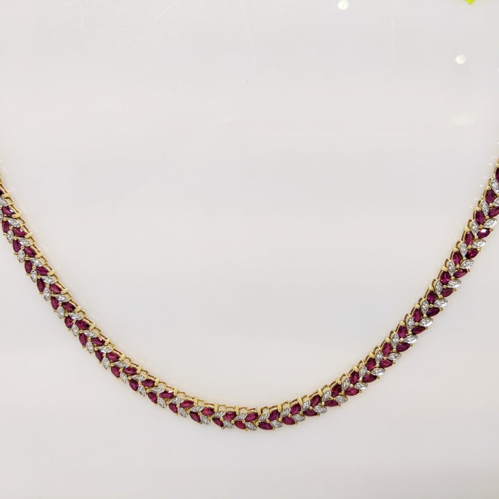 18K SYNTHETIC RUBY MARQUISE 2X3.7 (168) WITH .48 DIAMOND TOTAL WEIGHT ESTATE NECKLACE 37.8 GRAMS