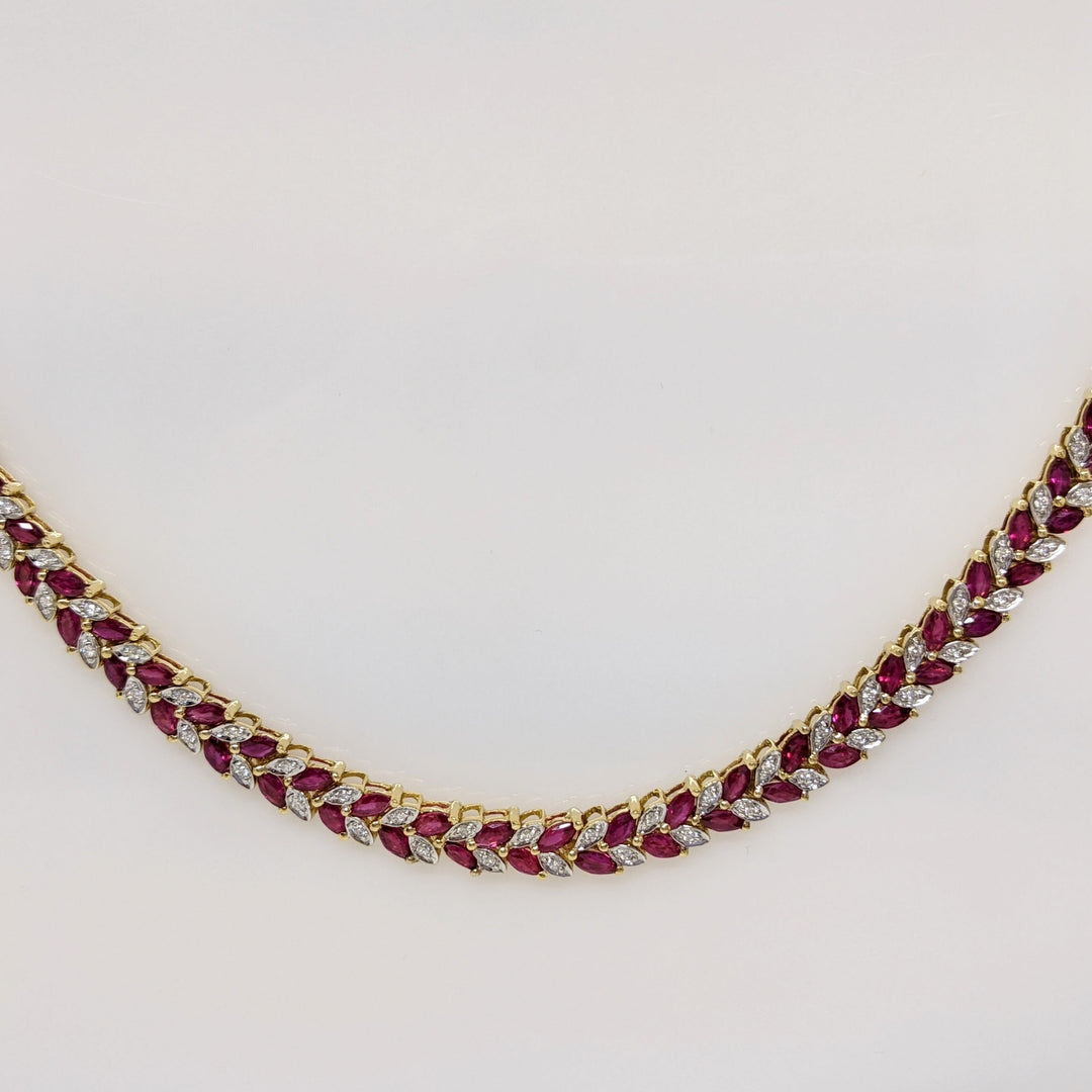 18K SYNTHETIC RUBY MARQUISE 2X3.7 (168) WITH .48DTW ESTATE NECKLACE 37.8 GRAMS