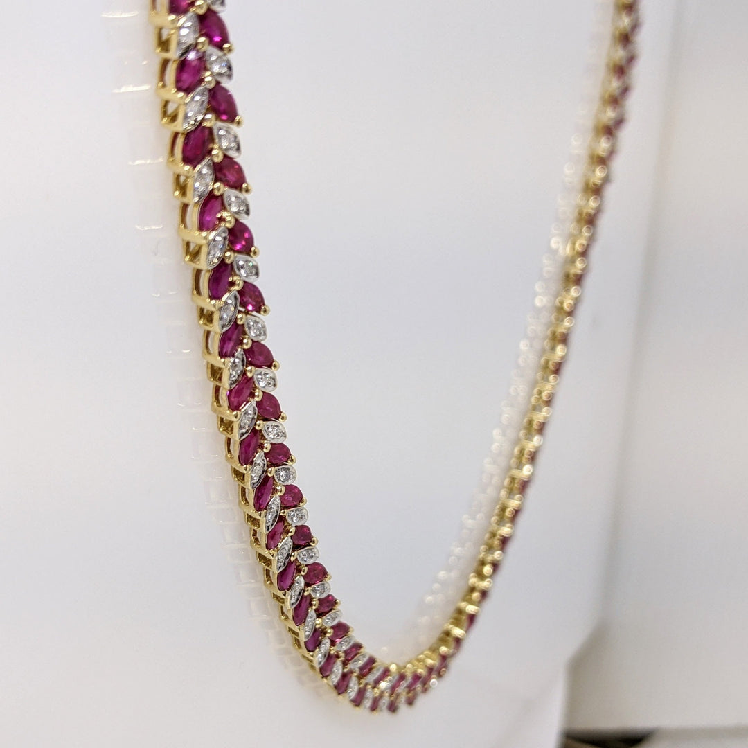 18K SYNTHETIC RUBY MARQUISE 2X3.7 (168) WITH .48DTW ESTATE NECKLACE 37.8 GRAMS