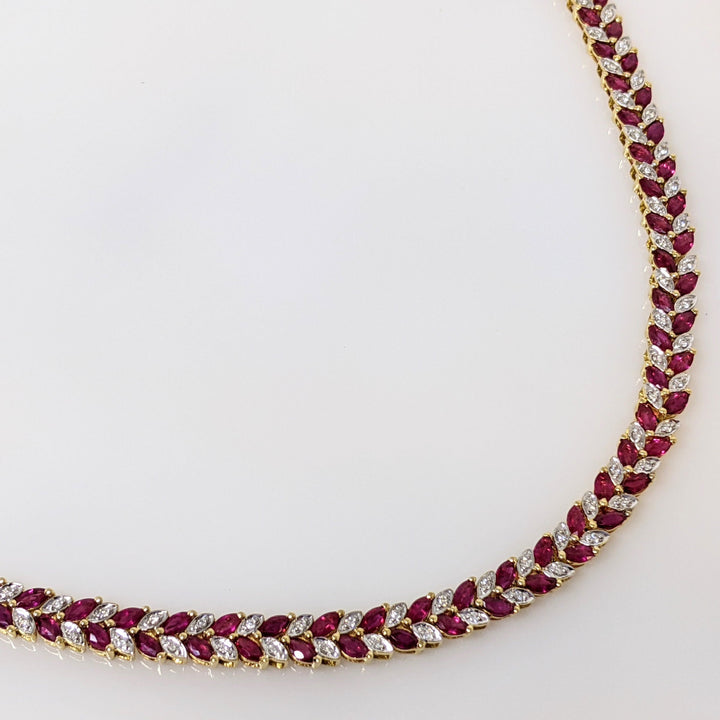 18K SYNTHETIC RUBY MARQUISE 2X3.7 (168) WITH .48DTW ESTATE NECKLACE 37.8 GRAMS