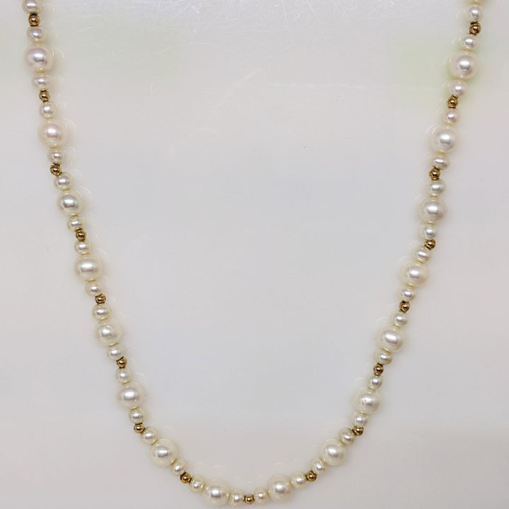 14K PEARL ROUND MULTI-SIZED WITH GOLD BALL ESTATE NECKLACE 24.3 GRAMS