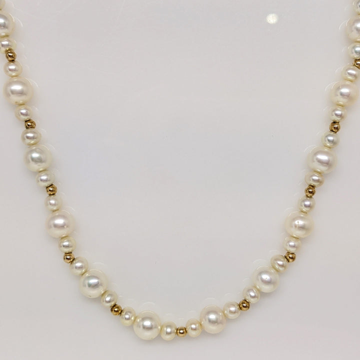 14K PEARL ROUND MULTI-SIZED WITH GOLD BALL ESTATE NECKLACE 24.3 GRAMS