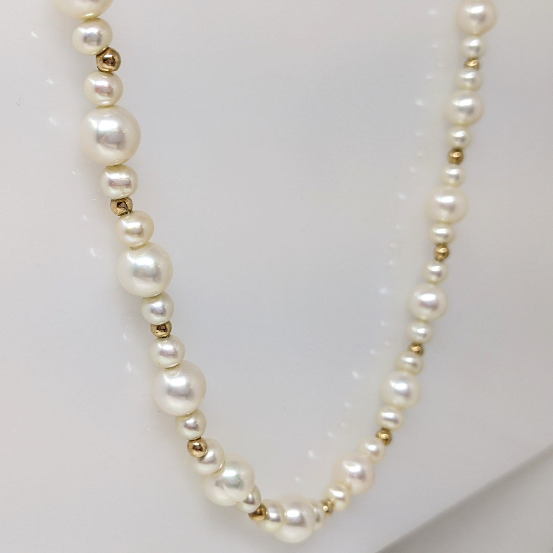 14K PEARL ROUND MULTI-SIZED WITH GOLD BALL ESTATE NECKLACE 24.3 GRAMS