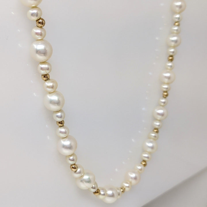 14K PEARL ROUND MULTI-SIZED WITH GOLD BALL ESTATE NECKLACE 24.3 GRAMS