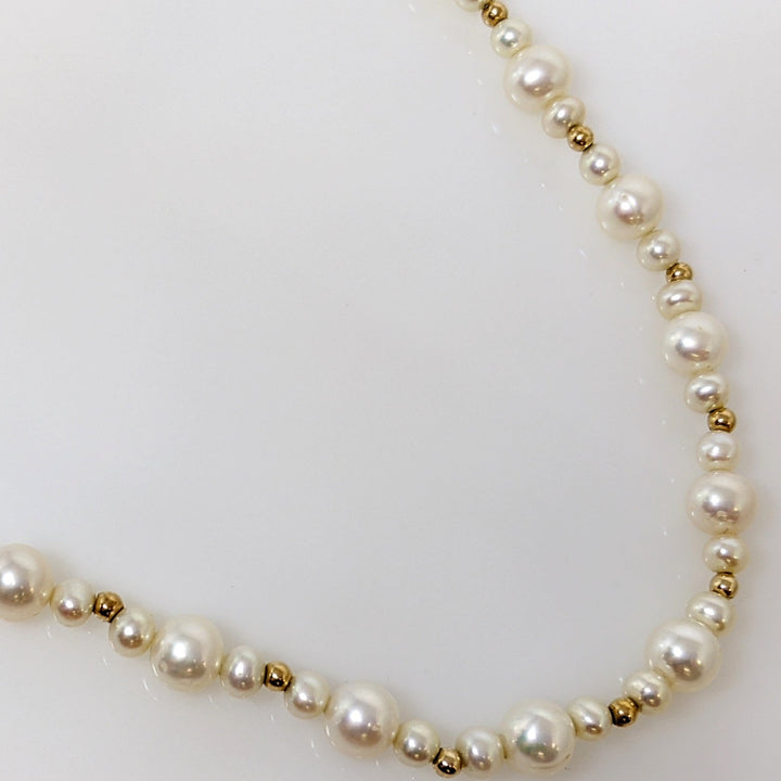 14K PEARL ROUND MULTI-SIZED WITH GOLD BALL ESTATE NECKLACE 24.3 GRAMS