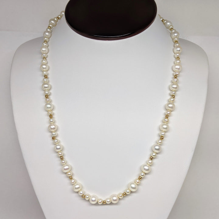 14K PEARL ROUND MULTI-SIZED WITH GOLD BALL ESTATE NECKLACE 24.3 GRAMS