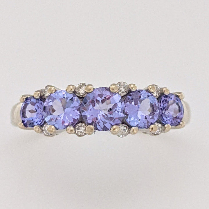 14K WHITE TANZANITE ROUND (5) 4.5MM WITH (8) MELEE ESTATE RING 3.1 GRAMS