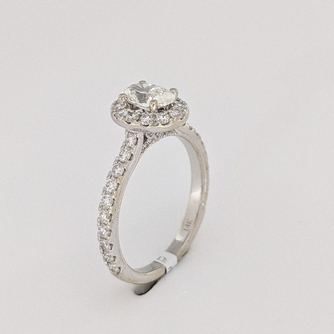 14K WHITE 1.38 CARAT TOTAL WEIGHT SI1 I DIAMOND OVAL WITH (54) ROUND HALO ESTATE RING 3.6 GRAMS