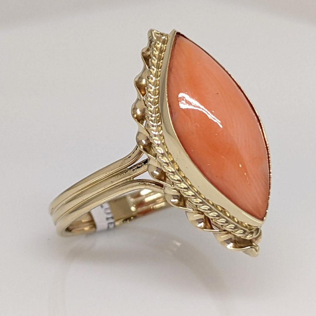 14K CORAL MARQUISE 7.5X18 WITH GOLD TRIM ESTATE RING 3.5 GRAMS