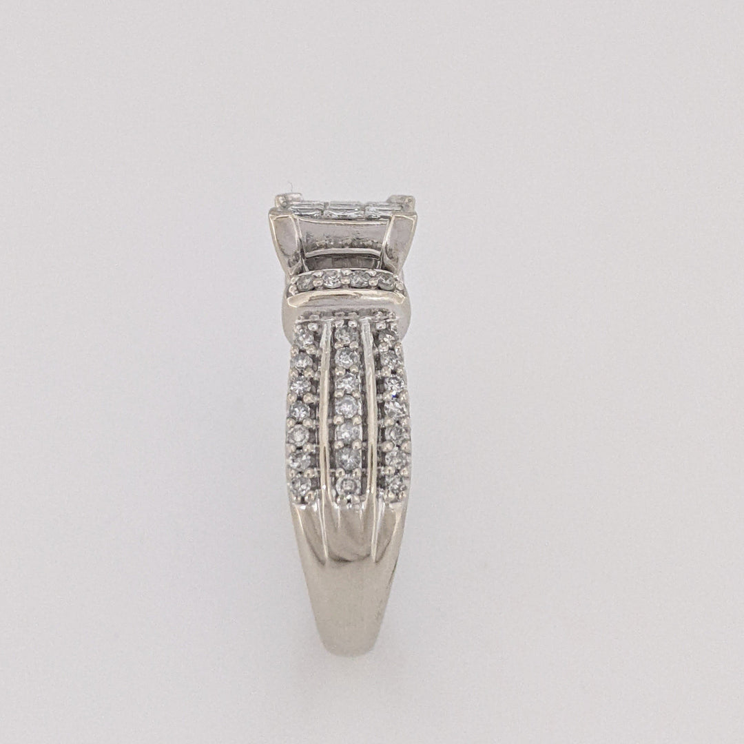 10K WHITE 1.00 CARAT TOTAL WEIGHT I1 H DIAMOND PRINCESS CUT (9) CENTER WITH (50) MELEE ESTATE RING 6.1 GRAMS