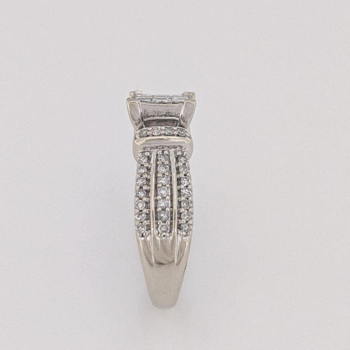 10K WHITE 1.00CTW I1 H DIAMOND PRINCESS CUT (9) CENTER WITH (50) MELEE ESTATE RING 6.1 GRAMS