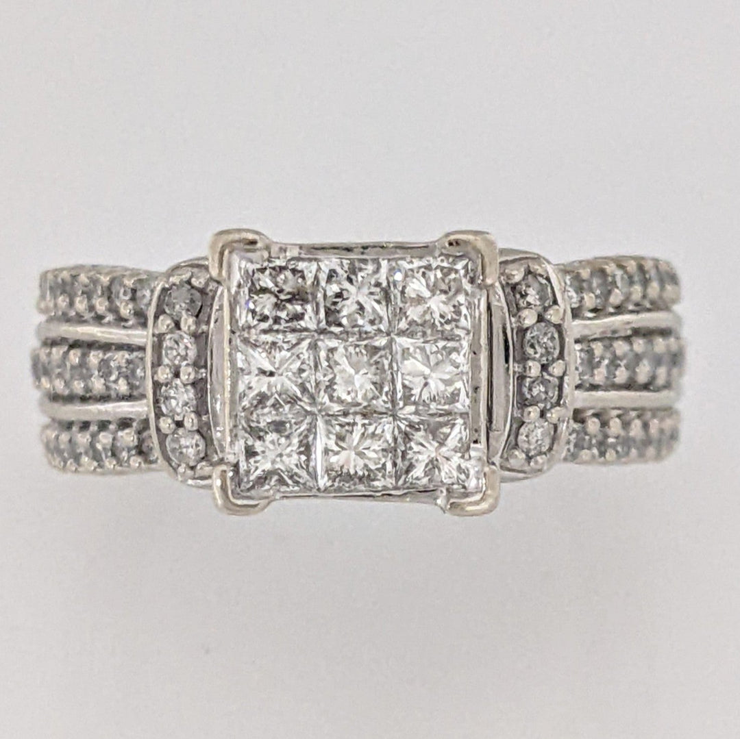 10K WHITE 1.00CTW I1 H DIAMOND PRINCESS CUT (9) CENTER WITH (50) MELEE ESTATE RING 6.1 GRAMS