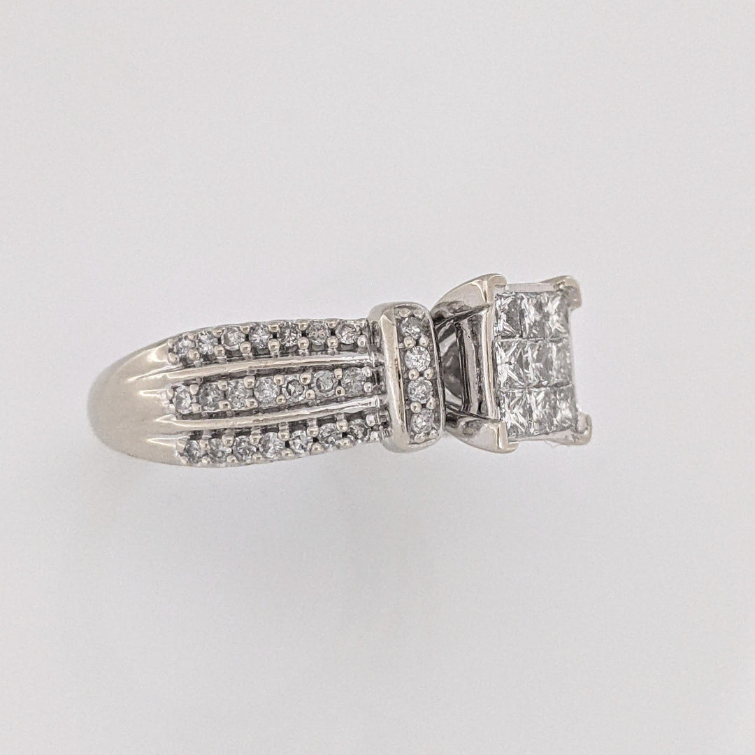 10K WHITE 1.00CTW I1 H DIAMOND PRINCESS CUT (9) CENTER WITH (50) MELEE ESTATE RING 6.1 GRAMS