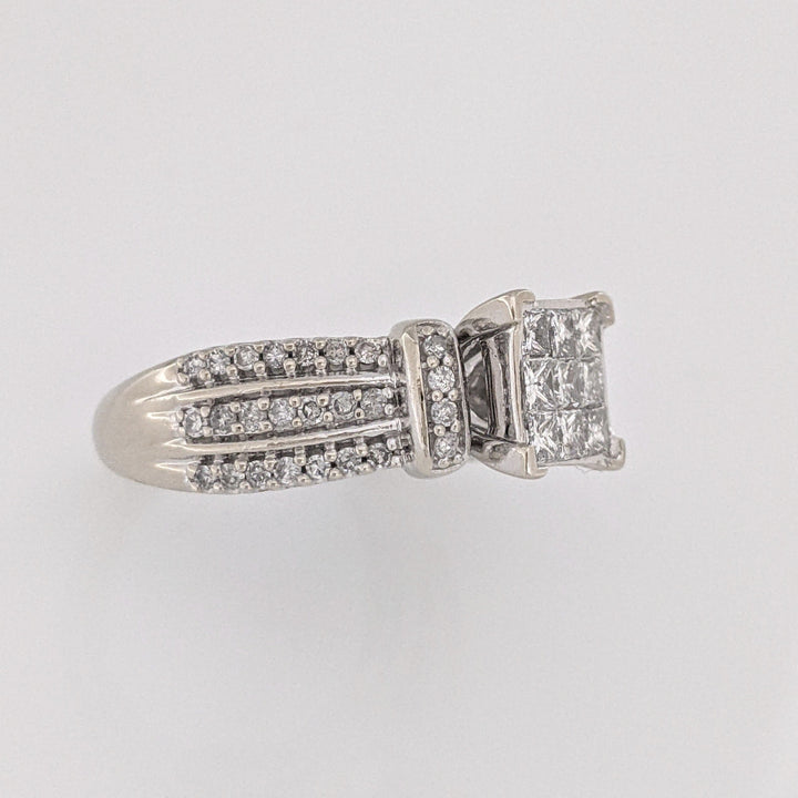 10K WHITE 1.00CTW I1 H DIAMOND PRINCESS CUT (9) CENTER WITH (50) MELEE ESTATE RING 6.1 GRAMS