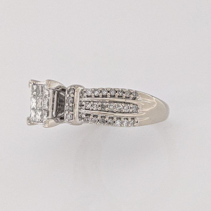 10K WHITE 1.00CTW I1 H DIAMOND PRINCESS CUT (9) CENTER WITH (50) MELEE ESTATE RING 6.1 GRAMS