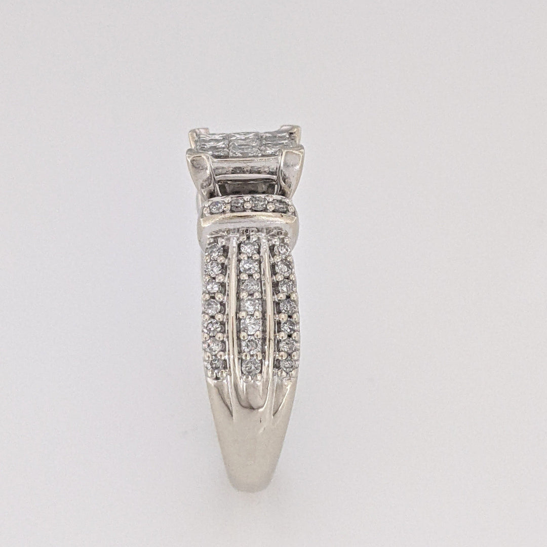 10K WHITE 1.00 CARAT TOTAL WEIGHT I1 H DIAMOND PRINCESS CUT (9) CENTER WITH (50) MELEE ESTATE RING 6.1 GRAMS