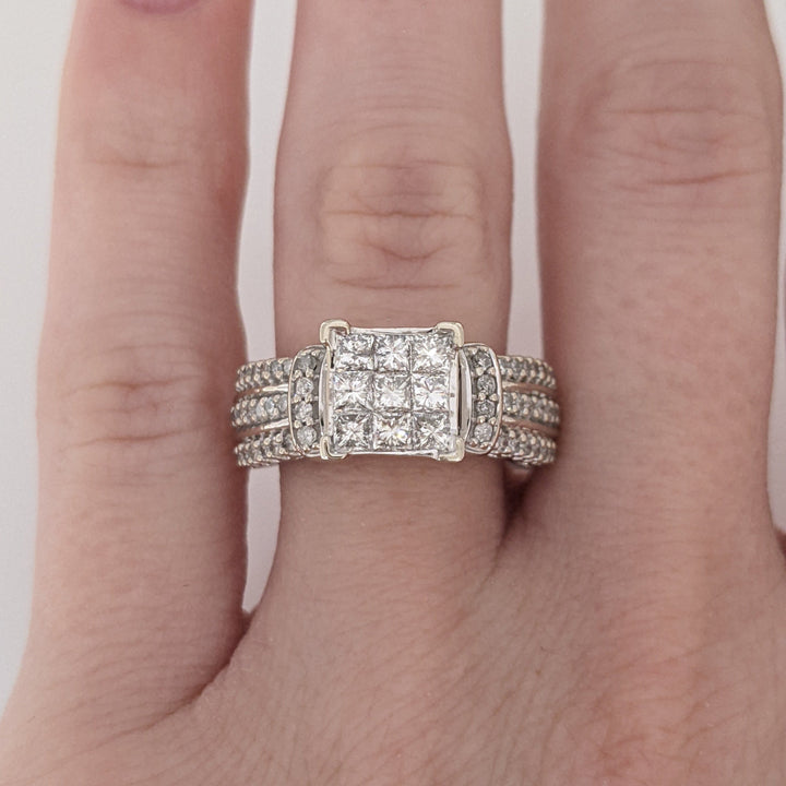 10K WHITE 1.00CTW I1 H DIAMOND PRINCESS CUT (9) CENTER WITH (50) MELEE ESTATE RING 6.1 GRAMS