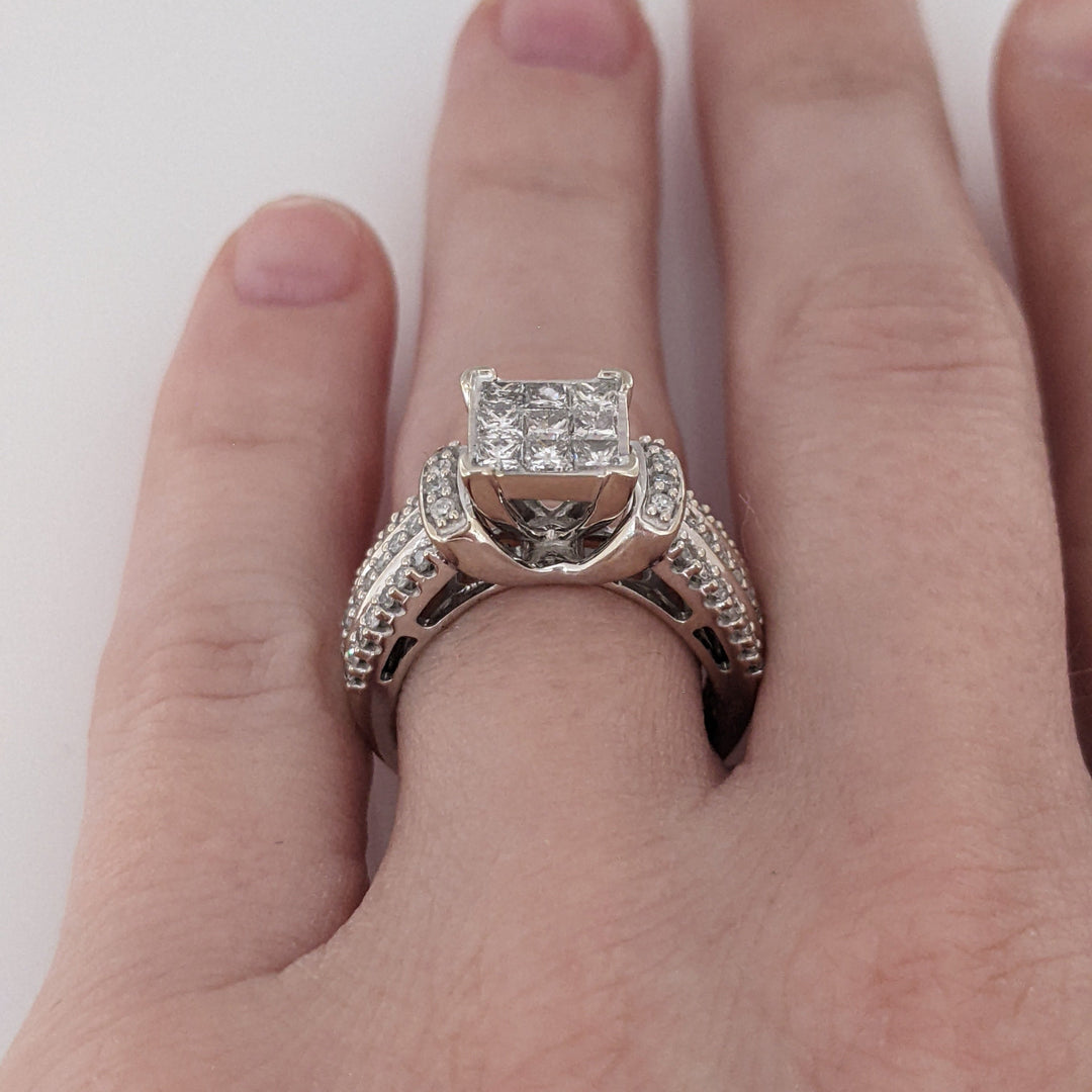 10K WHITE 1.00CTW I1 H DIAMOND PRINCESS CUT (9) CENTER WITH (50) MELEE ESTATE RING 6.1 GRAMS