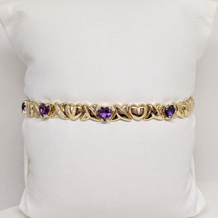 14K AMETHYST HEART (5) 5MM HUGS & KISSES ESTATE BRACELET 5.5 GRAMS