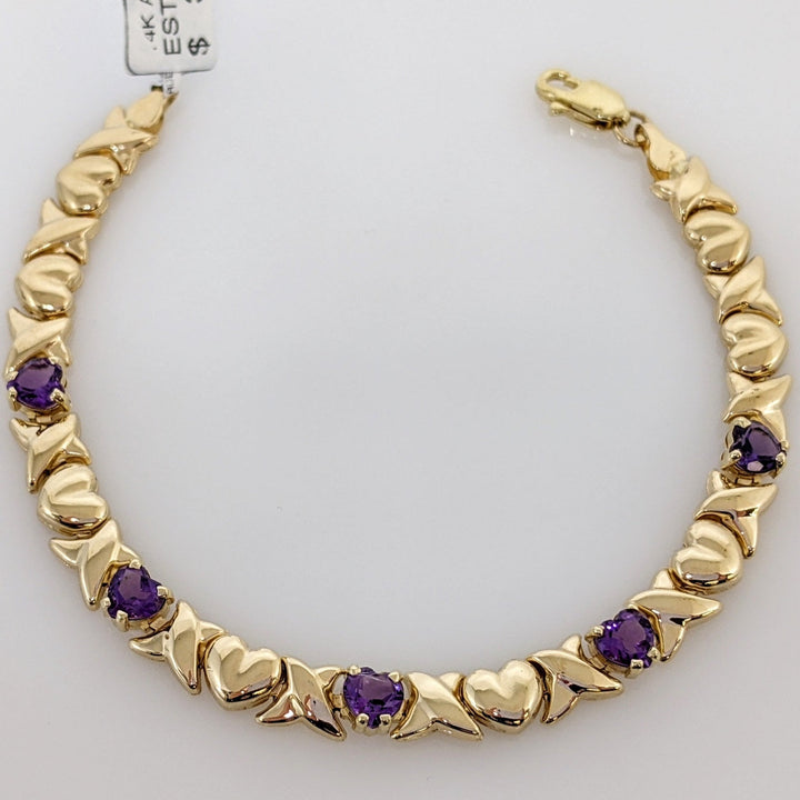 14K AMETHYST HEART (5) 5MM HUGS & KISSES ESTATE BRACELET 5.5 GRAMS