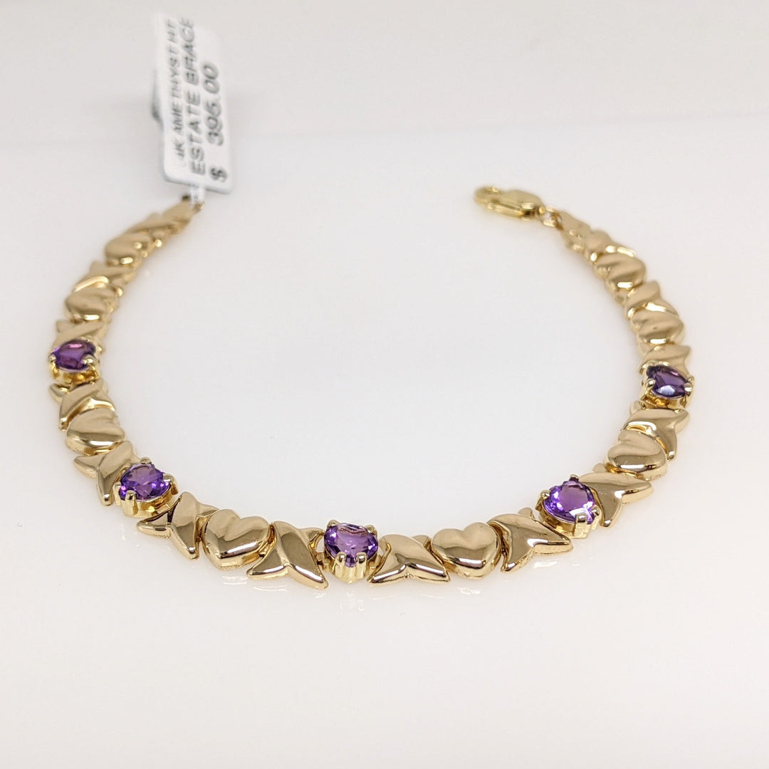 14K AMETHYST HEART (5) 5MM HUGS & KISSES ESTATE BRACELET 5.5 GRAMS