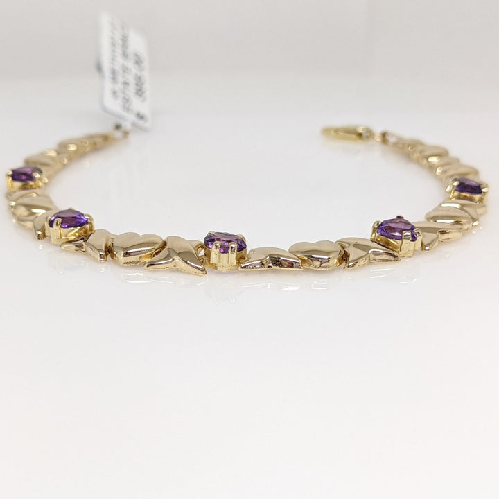 14K AMETHYST HEART (5) 5MM HUGS & KISSES ESTATE BRACELET 5.5 GRAMS