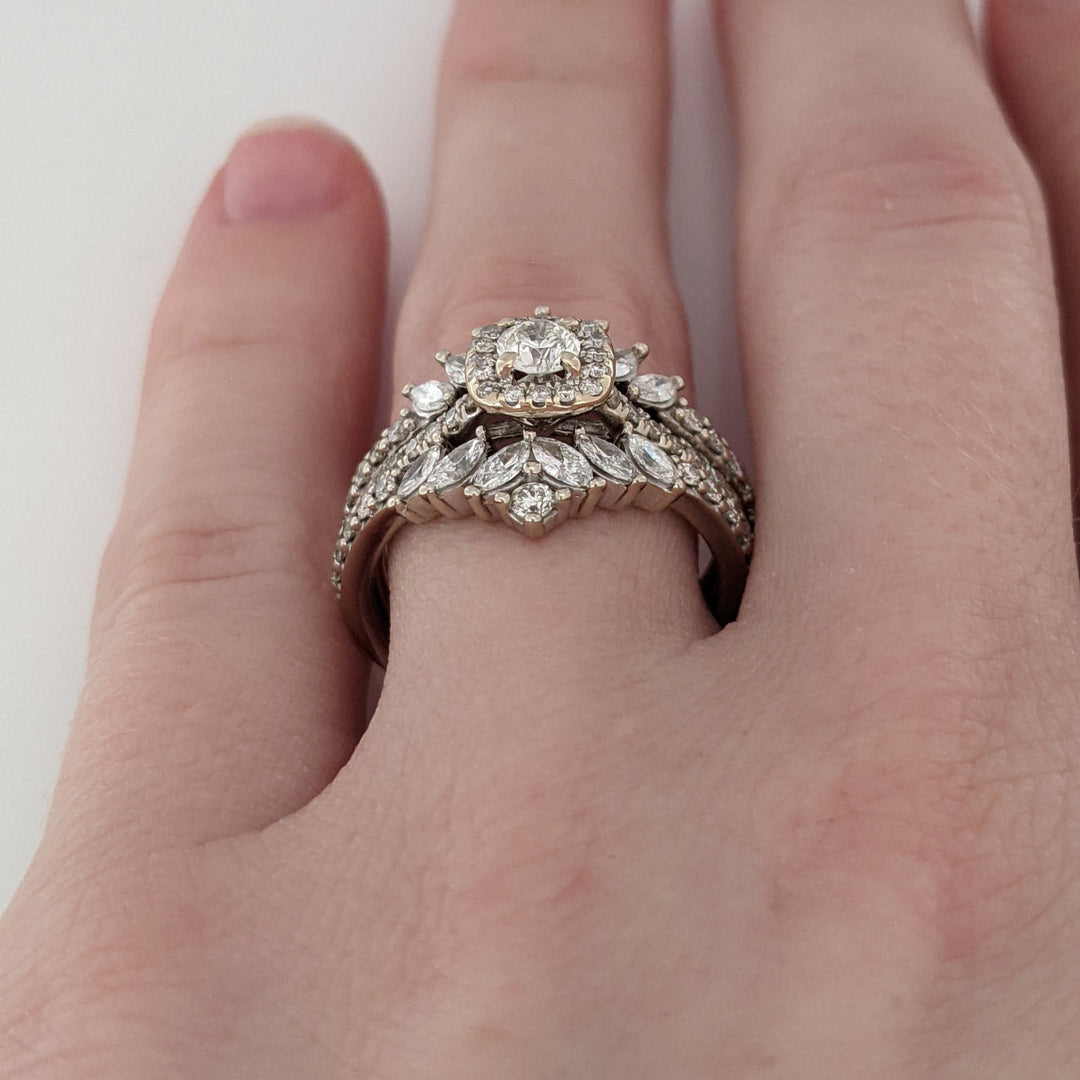 14K/ 10K WHITE 1.30 CARAT TOTAL WEIGHT SI2 I DIAMOND ROUND (53) MARQUISE (12) ESTATE RING 6.6 GRAMS