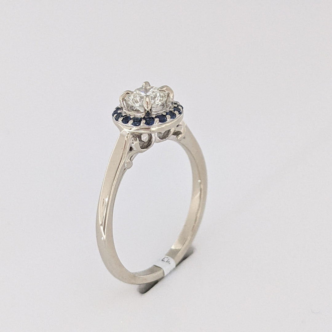 14K WHITE .71CT SI1 H DIAMOND ROUND WITH (16) ROUND SAPPHIRE HALO ESTATE RING 3.6 GRAMS