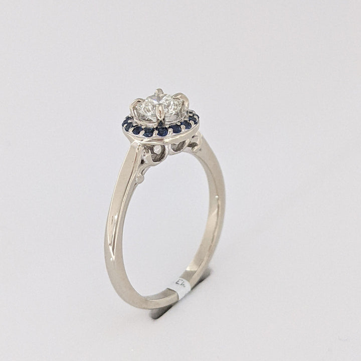 14K WHITE .71CT SI1 H DIAMOND ROUND WITH (16) ROUND SAPPHIRE HALO ESTATE RING 3.6 GRAMS