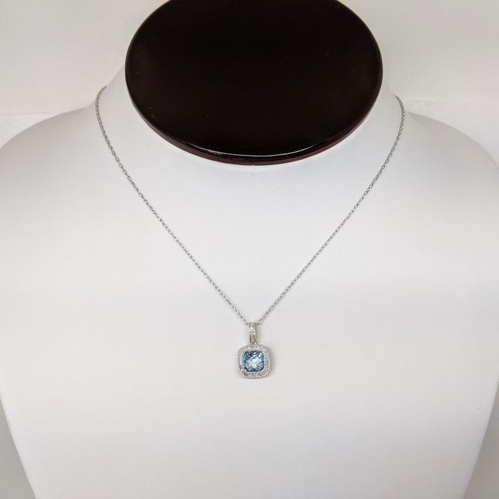 14K WHITE BLUE TOPAZ CUSHION CUT 6MM WITH MELEE BEAD TRIM ESTATE PENDANT & CHAIN 2.2 GRAMS