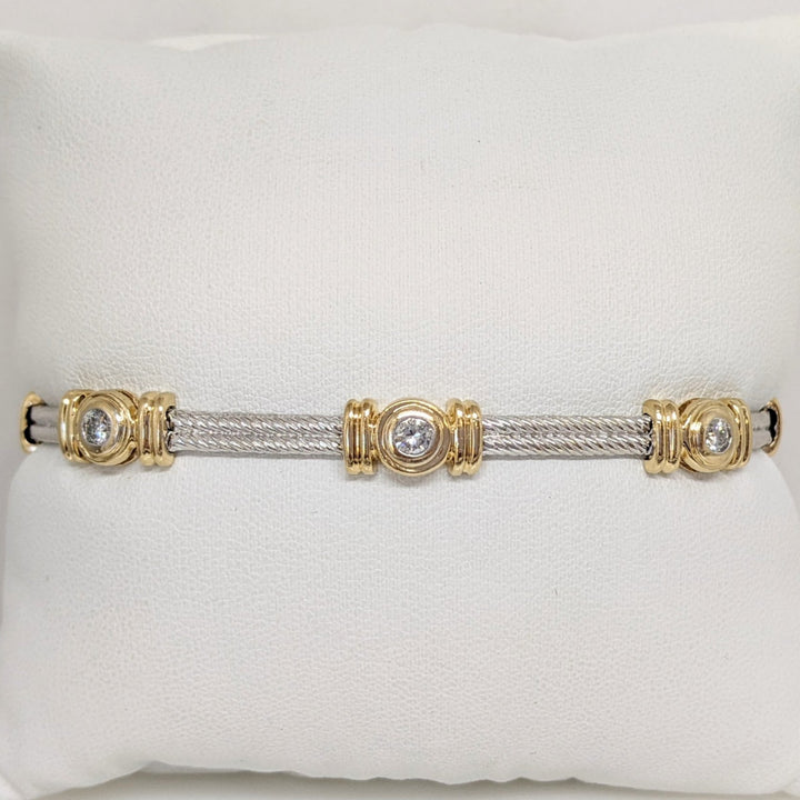 14K TWO-TONE 1.05CTW SI2 H DIAMOND ROUND (7) BEZEL SET ESTATE BRACELET 20.7 GRAMS