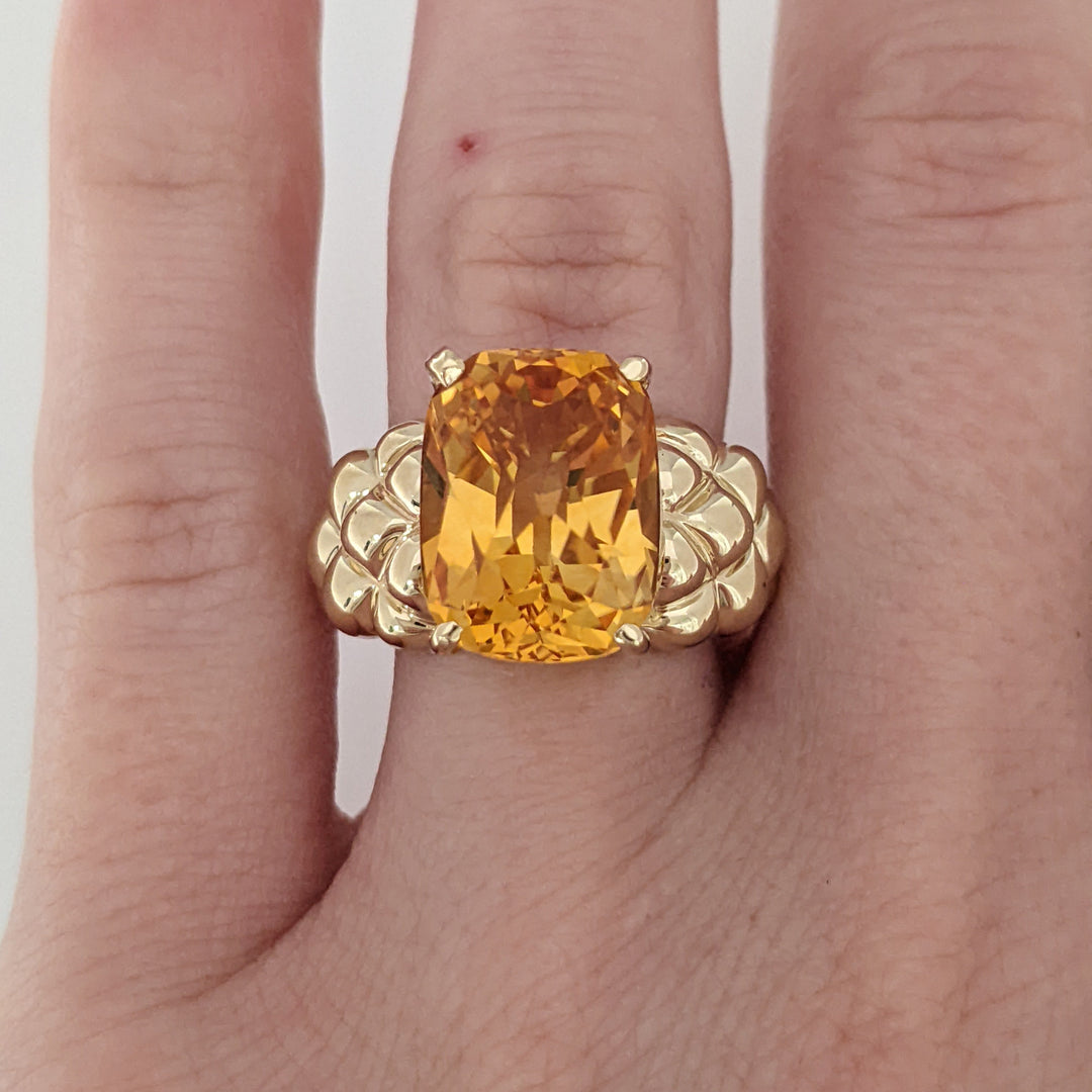 14K CITRINE CUSHION CUT 10X13 QUILTED ESTATE RING 7.2 GRAMS