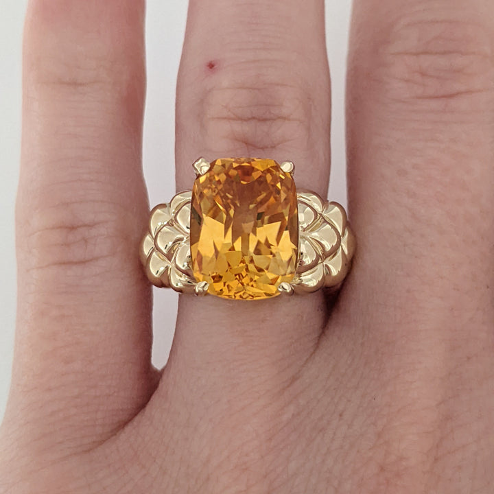 14K CITRINE CUSHION CUT 10X13 QUILTED ESTATE RING 7.2 GRAMS