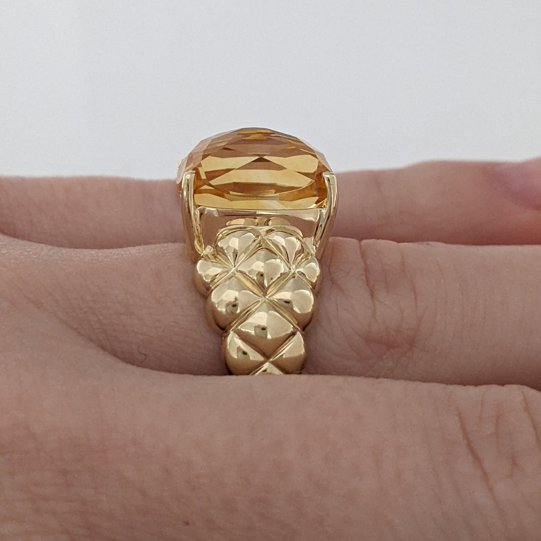 14K CITRINE CUSHION CUT 10X13 QUILTED ESTATE RING 7.2 GRAMS