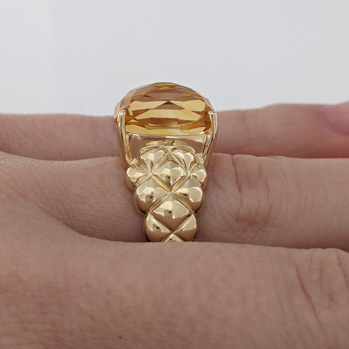 14K CITRINE CUSHION CUT 10X13 QUILTED ESTATE RING 7.2 GRAMS