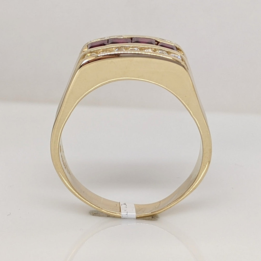 14K RUBY PRINCESS CUT (4) 3X3 WITH (14) MELEE DIAMOND ESTATE RING 10.7 GRAMS