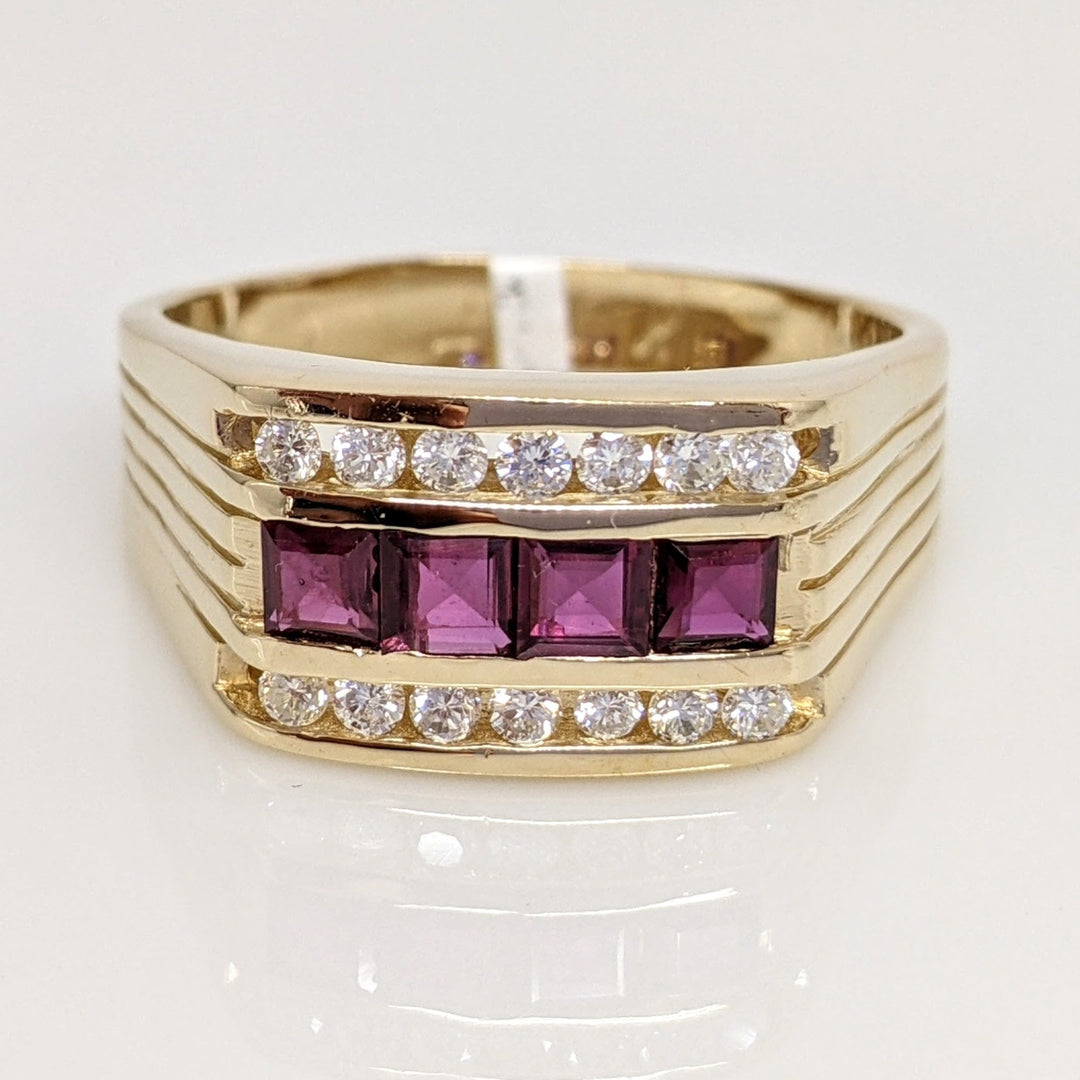 14K RUBY PRINCESS CUT (4) 3X3 WITH (14) MELEE DIAMOND ESTATE RING 10.7 GRAMS